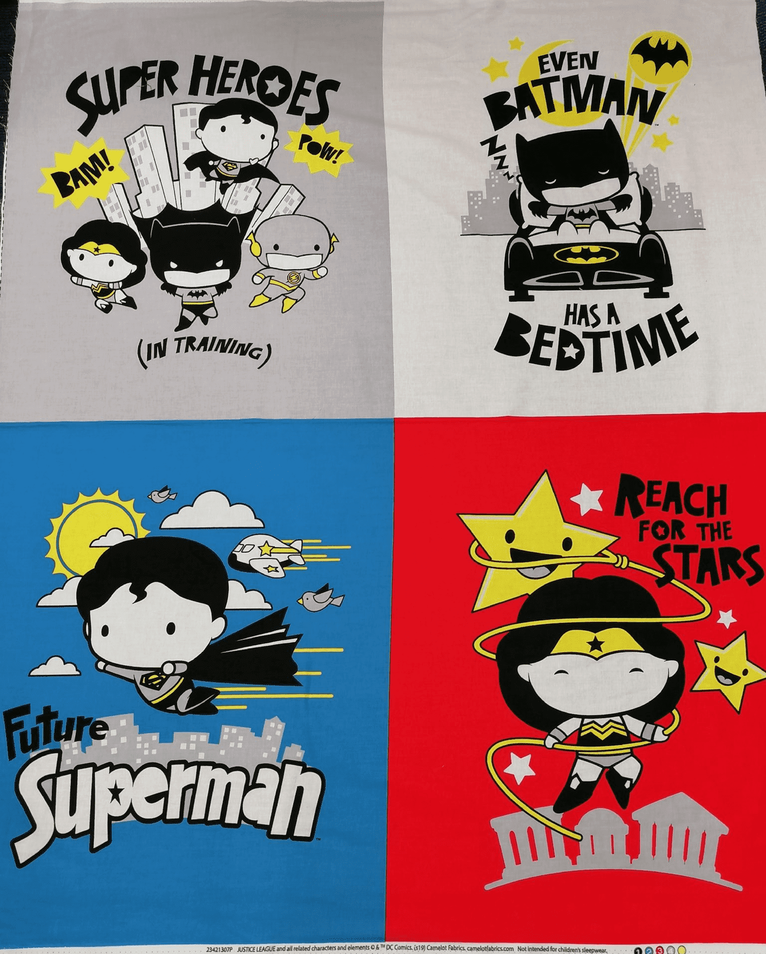 Camelot Cottons - DC Justice League Tiny Superheroes Kawaii Quilt Panel - Crafts and Quilts
