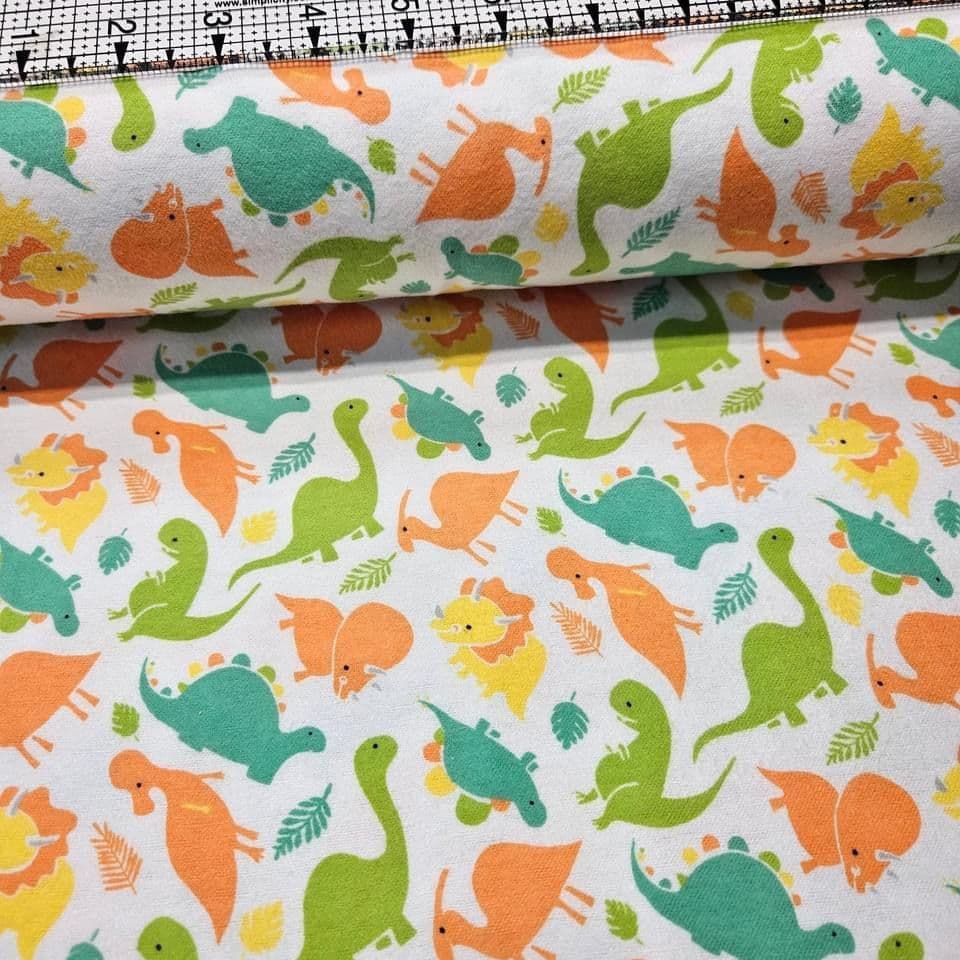 Camelot Cottons - Dinosaurs White 61179901B Brushed 100% Cotton Fabric