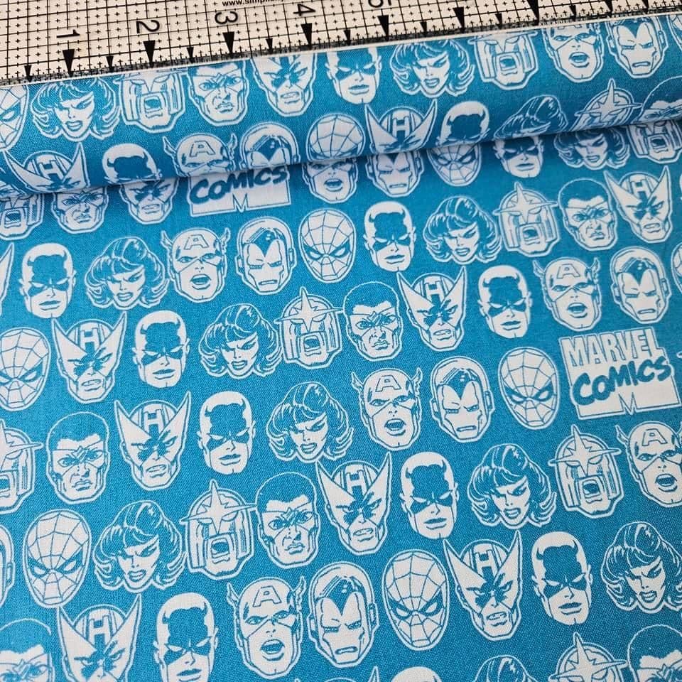 Camelot Cottons - Marvel Superheroes Characters Heads Blue 13020304 100% Cotton Fabric