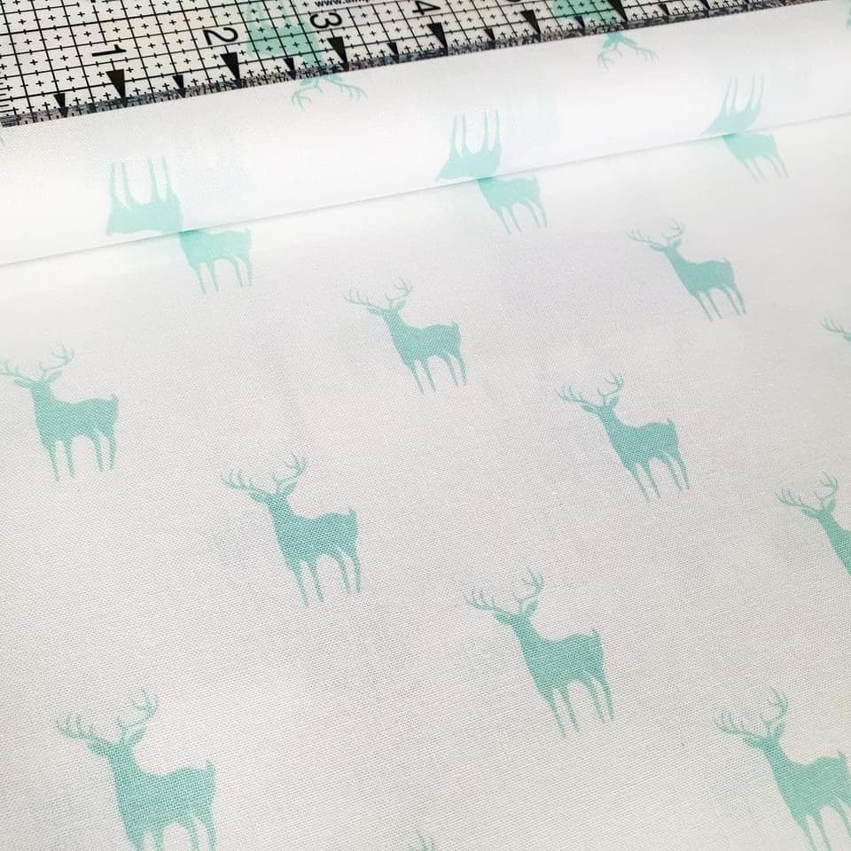 Camelot Cottons - Meadow Stag Aqua on White 100% Cotton Fabric