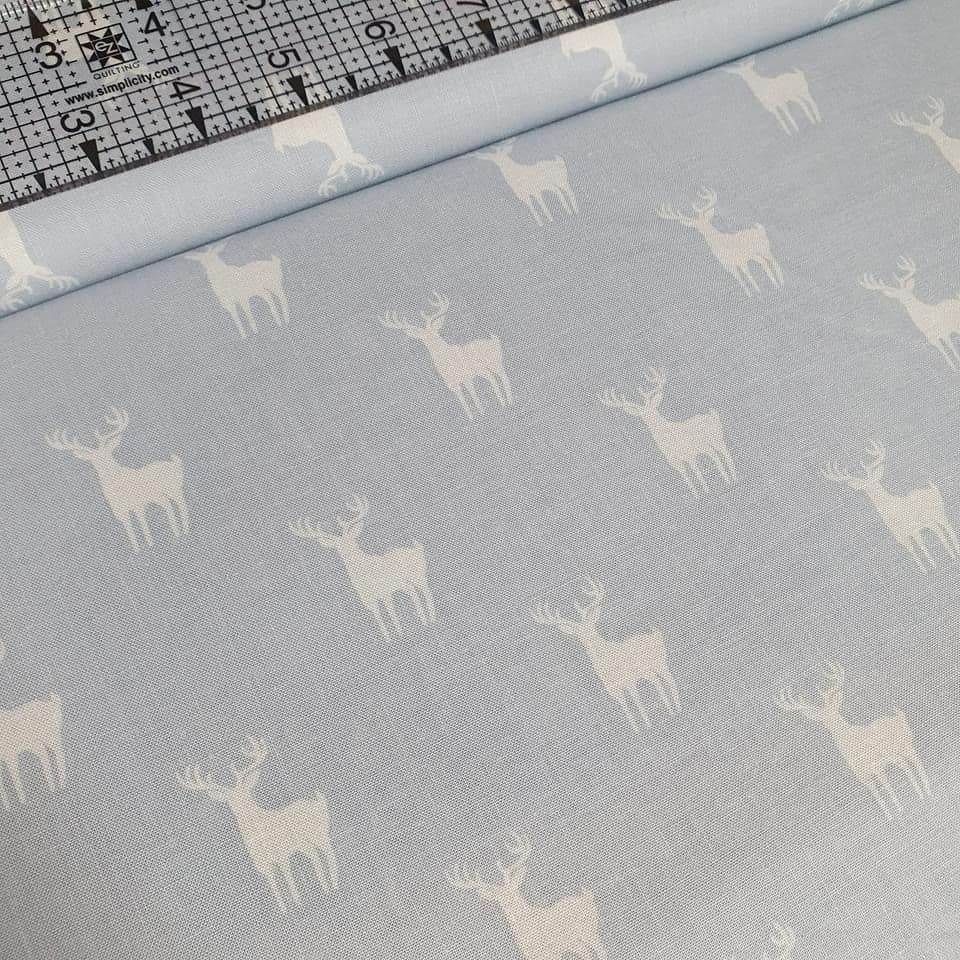 Camelot Cottons - Meadow Stag White on Blue 100% Cotton Fabric