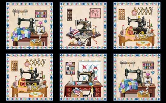 Elizabeths Studio - A Stitch in Time Black Quilt Fabric Panel
