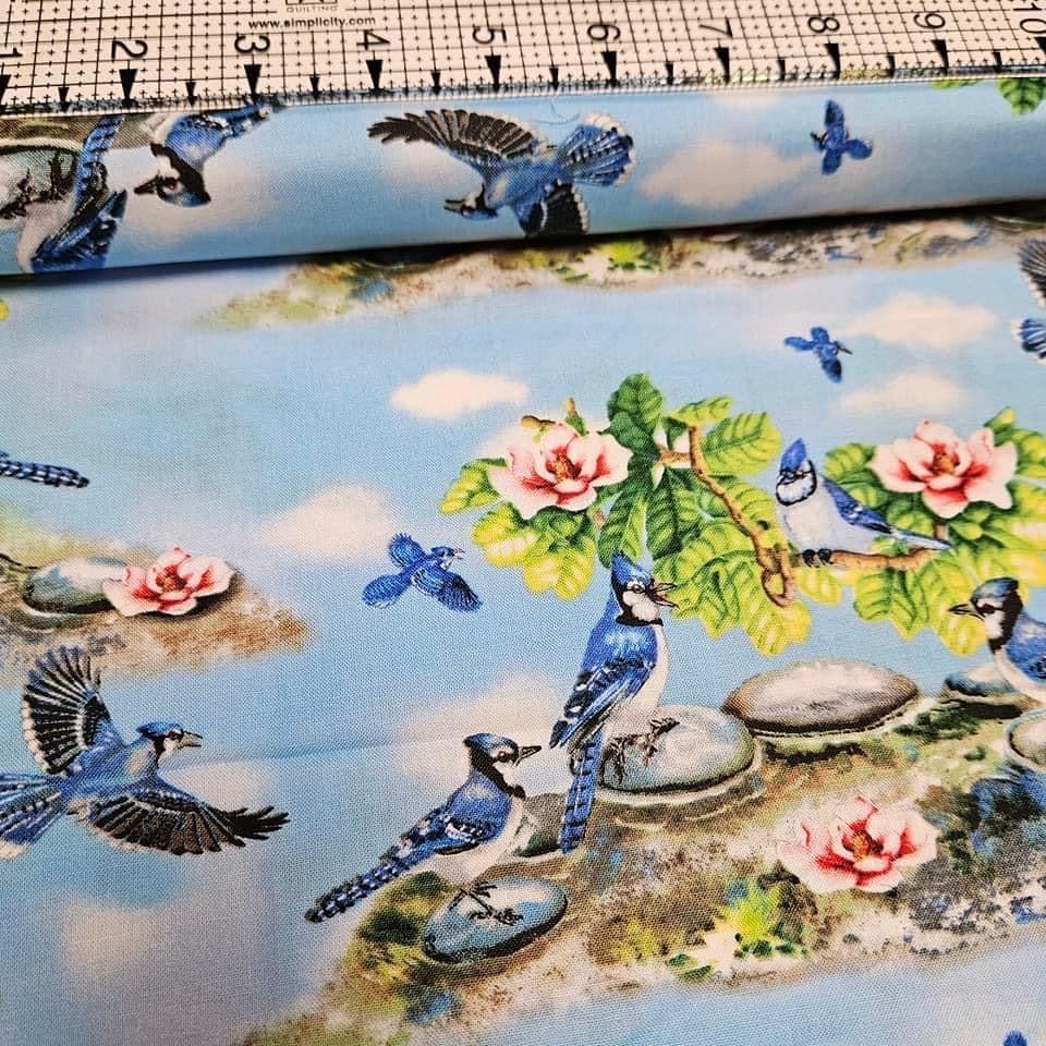 Elizabeths Studio - Blue Jays and Flowers 100% Cotton Fabric - Crafts and Quilts