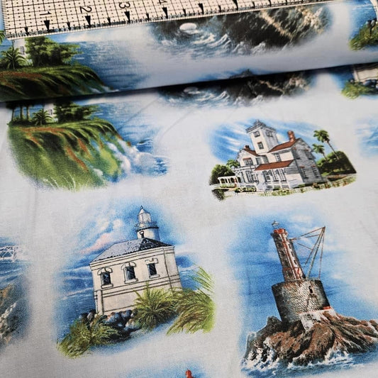 Elizabeths Studio - Lighthouses by Leonard N. Burton 100% Cotton Fabric - Crafts and Quilts