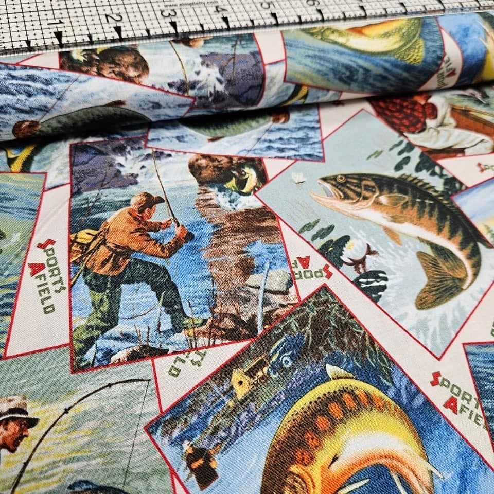 Elizabeths Studio - Sports Afield Fishing Postcards 100% Cotton Fabric - Crafts and Quilts