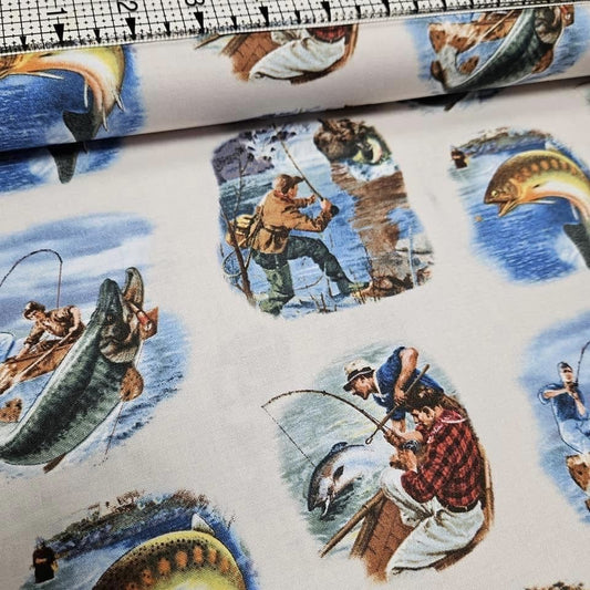 Elizabeths Studio - Sports Afield Fishing Scenes 100% Cotton Fabric - Crafts and Quilts