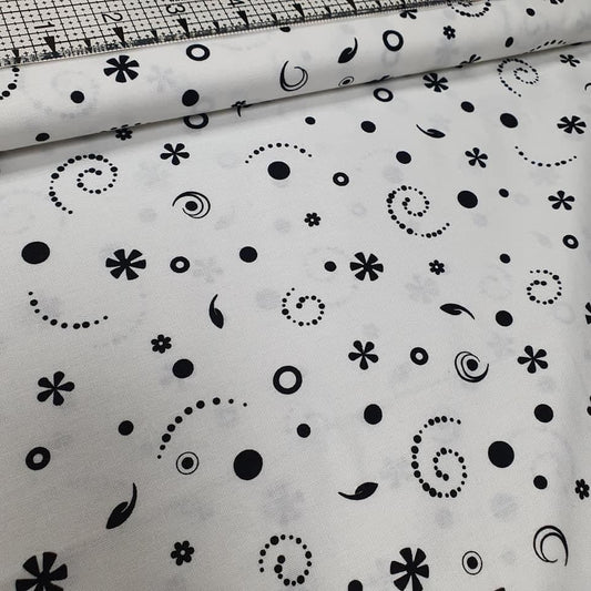 Fresh Water Designs - Whimsy Swirl Flowers Black & White 100% Cotton Fabric - Crafts and Quilts