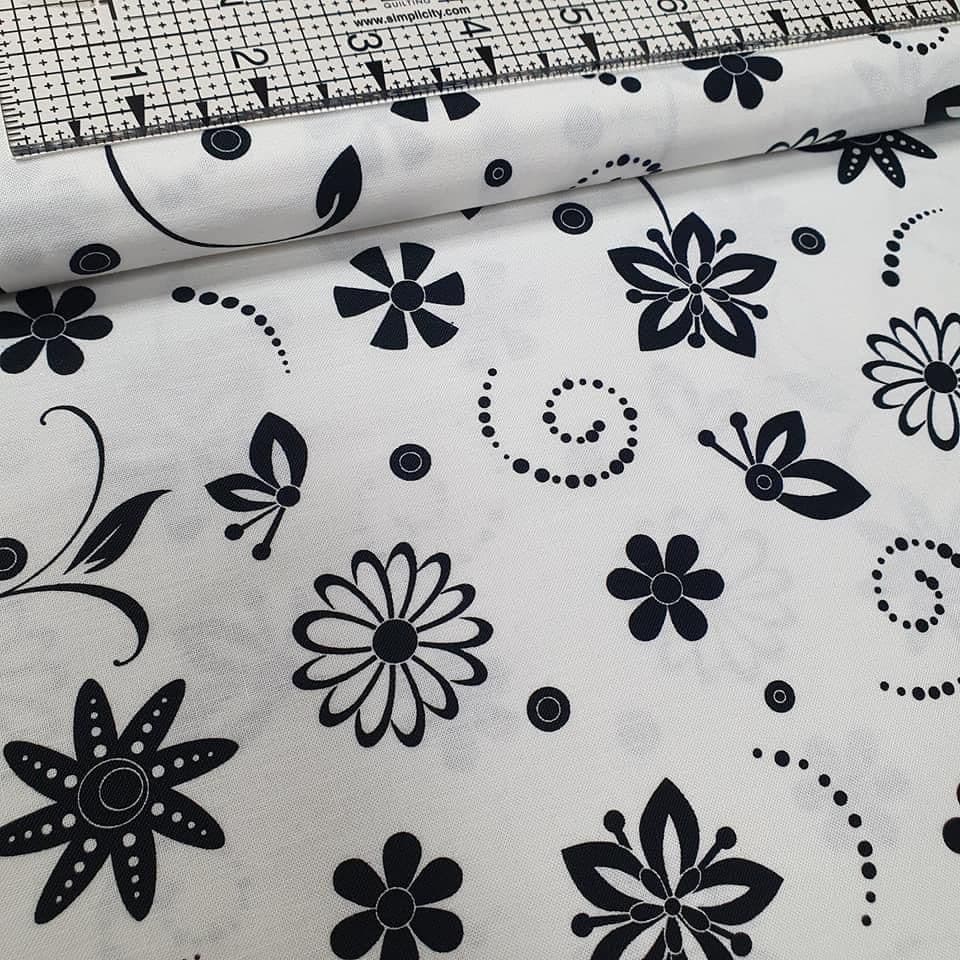 Fresh Water Designs - Whimsy Tossed Flowers Black & White 100% Cotton Fabric - Crafts and Quilts