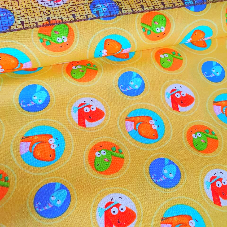 Henry Glass - Dino Mates Dinosaur Circles Yellow Cotton Fabric - Crafts and Quilts