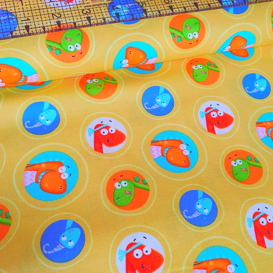 Henry Glass - Dino Mates Dinosaur Circles Yellow Cotton Fabric - Crafts and Quilts