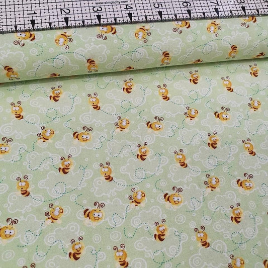 Henry Glass - Frogland Friends Bees Green 100% Cotton Fabric - Crafts and Quilts