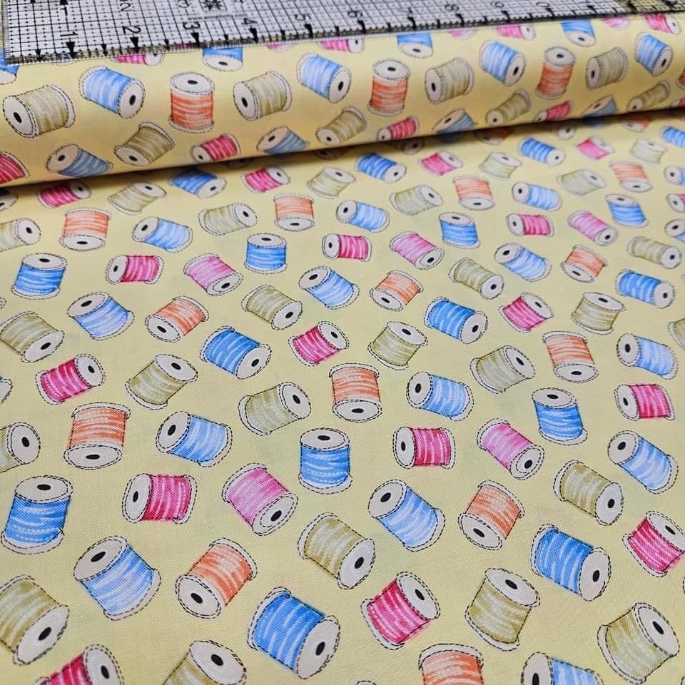 Henry Glass - Hand Made With Love Threads Yellow 100% Cotton Fabric - Crafts and Quilts