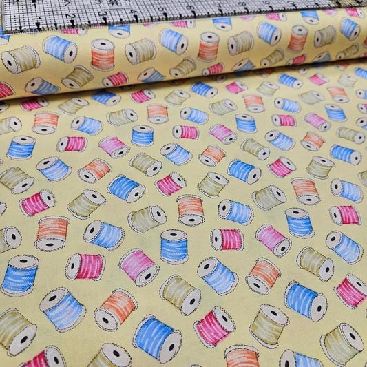 Henry Glass - Hand Made With Love Threads Yellow 100% Cotton Fabric - Crafts and Quilts