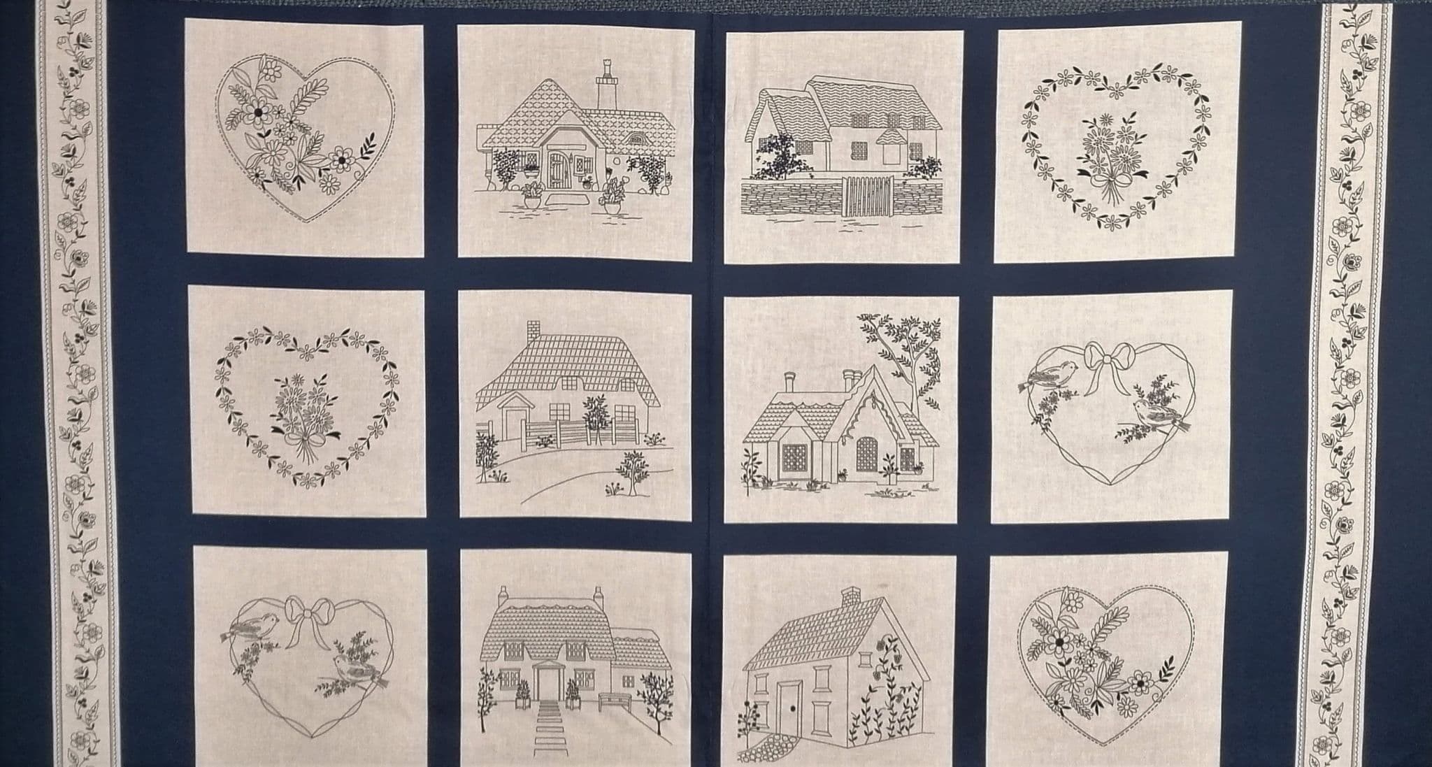Henry Glass - Indigo Embroidery Houses Fabric Panel