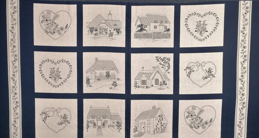 Henry Glass - Indigo Embroidery Houses Fabric Panel