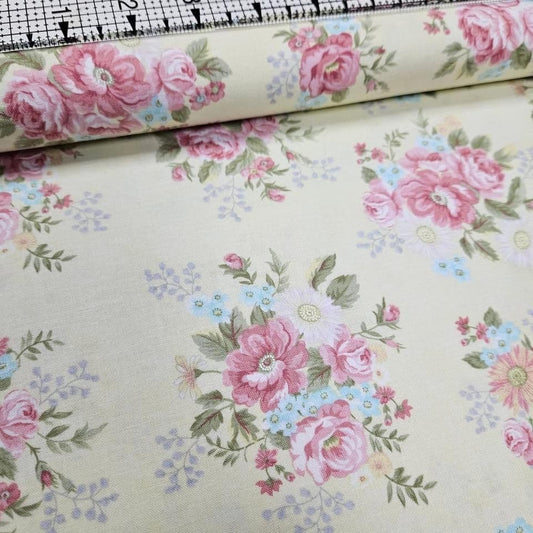 Henry Glass - Tranquil Garden Bouquet Neutral 100% Cotton Fabric - Crafts and Quilts