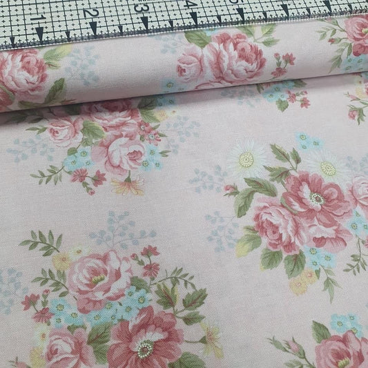 Henry Glass - Tranquil Garden Bouquet Pink 100% Cotton Fabric - Crafts and Quilts