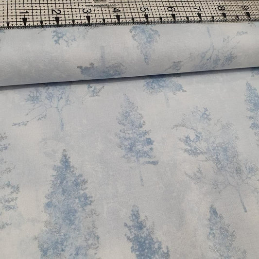 Hoffman - A Winters Sky Metallic Trees Blue 7686 100% Cotton Fabric