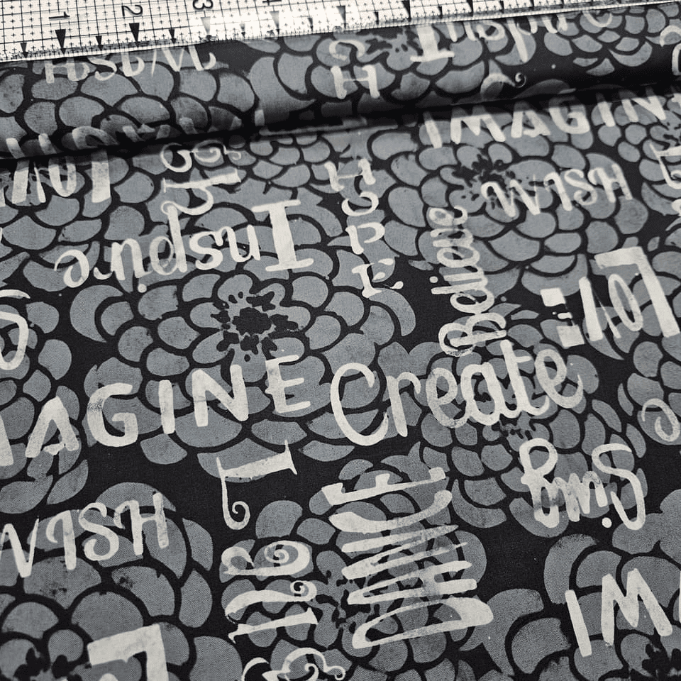 Hoffman - Bali Batiks Handpaints Inspiring Words Charcoal 100% Cotton Fabric