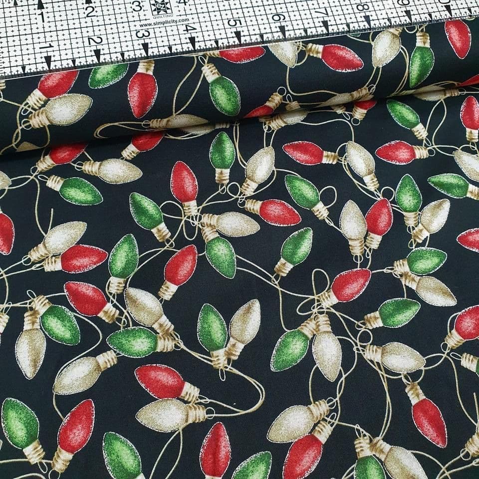 Hoffman - Cardinal Carols Christmas Lights Metallic Black 7627 100% Cotton Fabric