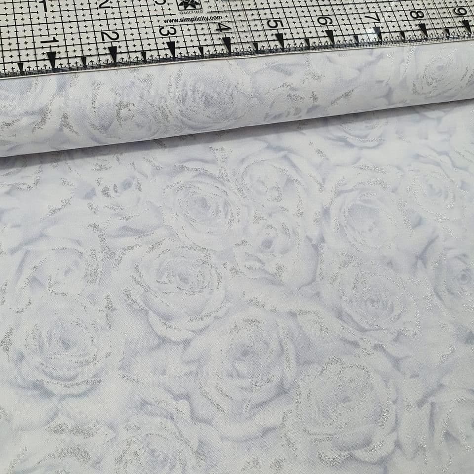 Hoffman - Cardinal Carols Christmas Rose Metallic Silver 7630 100% Cotton Fabric