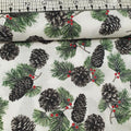 Hoffman - Cardinal Carols Pine Cones Metallic White 7627 100% Cotton Fabric - Crafts and Quilts