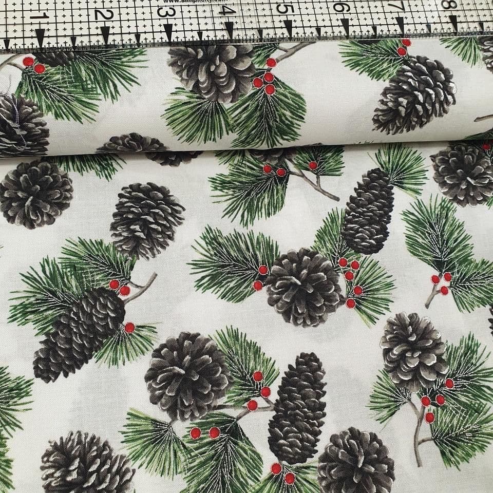 Hoffman - Cardinal Carols Pine Cones Metallic White 7627 100% Cotton Fabric