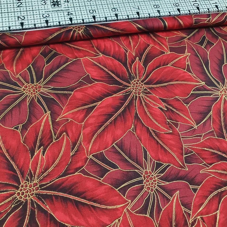Hoffman - Warm Wishes Red Gold Poinsettia 7524 100% Cotton Fabric