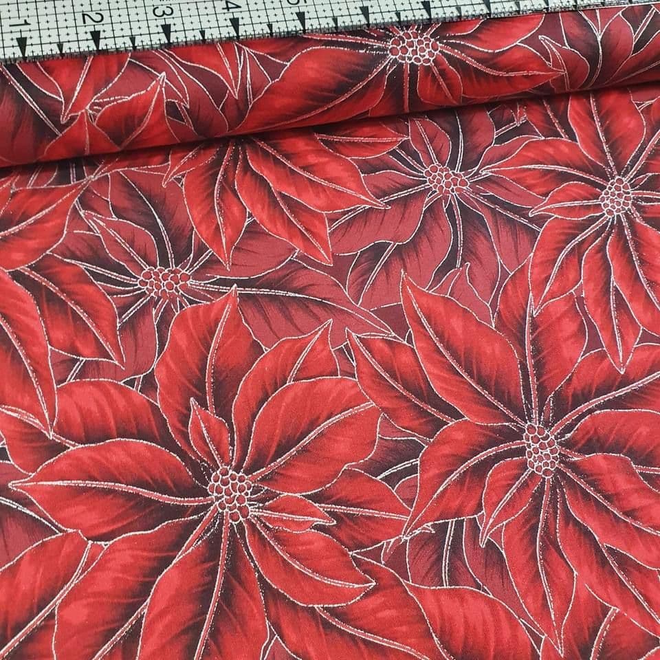 Hoffman - Warm Wishes Red Silver Poinsettia 7524 100% Cotton Fabric