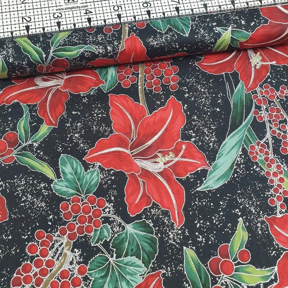 Hoffman - Winter Blooms Floral Black 7673 100% Cotton Fabric