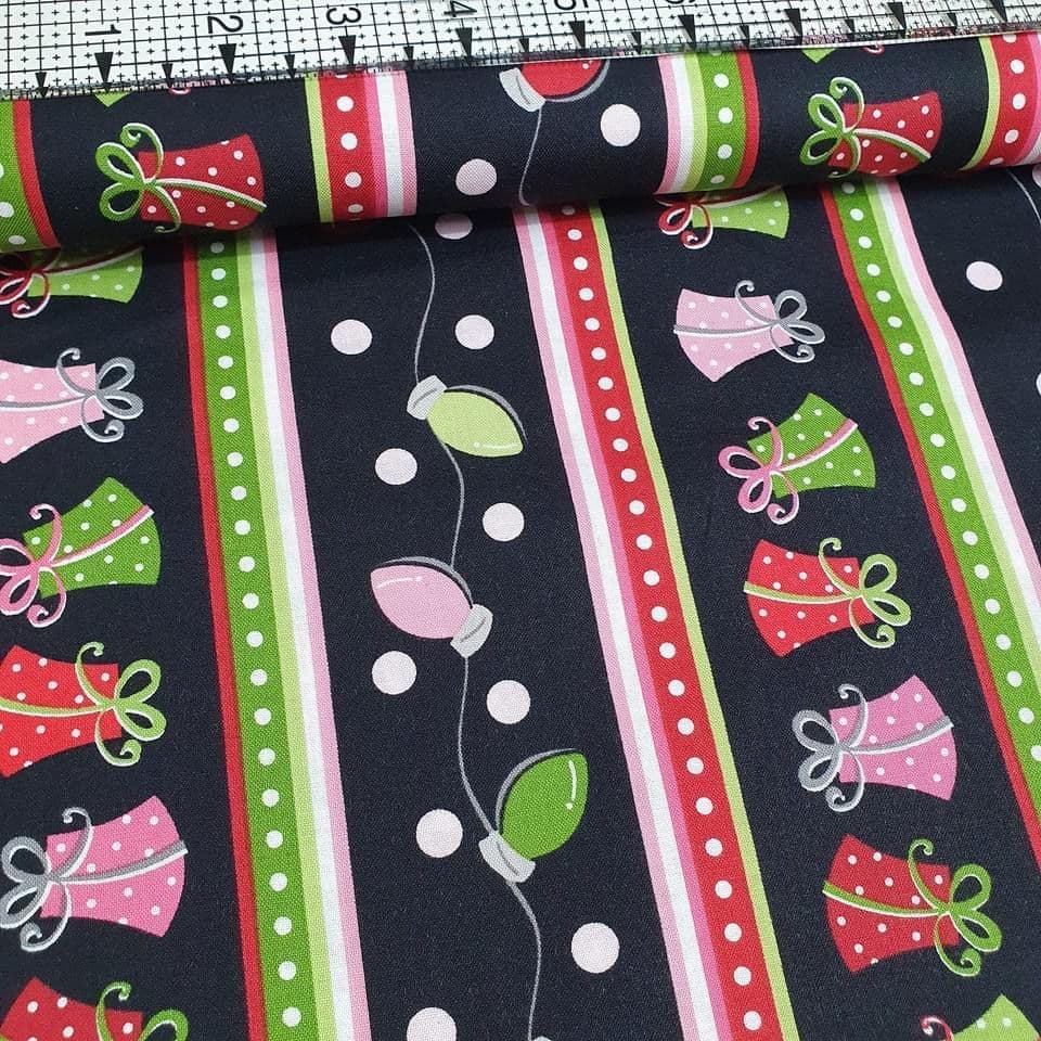 Maywood Studio - Merry and Bright Christmas Border on Black 100% Cotton Fabric - Crafts and Quilts