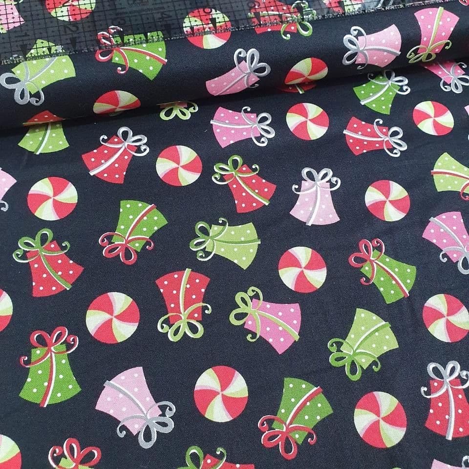 Maywood Studio - Merry and Bright Christmas Presents on Black 100% Cotton Fabric - Crafts and Quilts