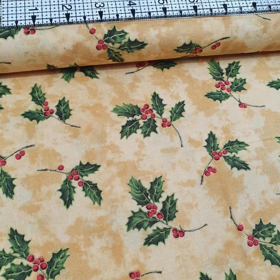 Maywood Studios - Christmas Traditions Holly Metallic 3011 100% Cotton Fabric - Crafts and Quilts