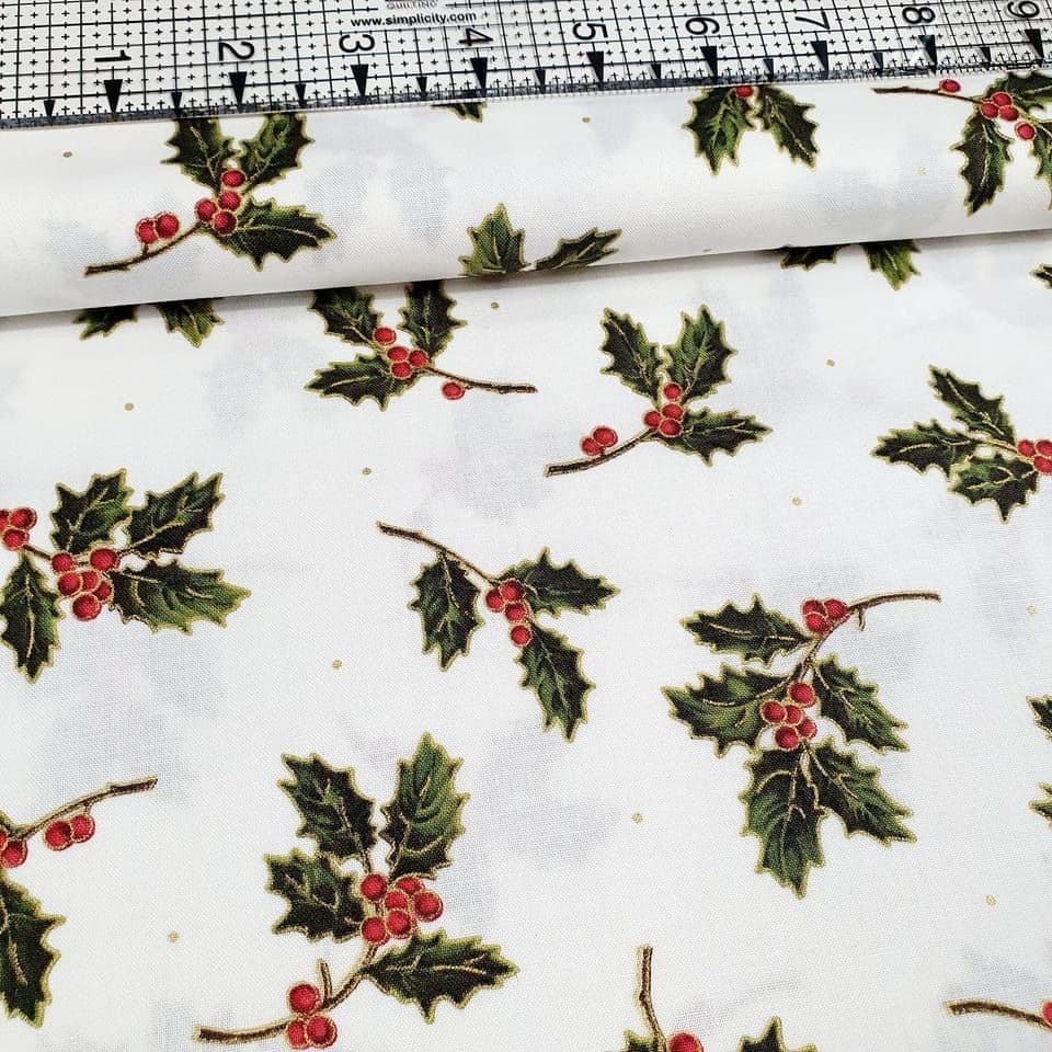 Maywood Studios - Christmas Traditions Holly White Metallic 3011 100% Cotton Fabric - Crafts and Quilts