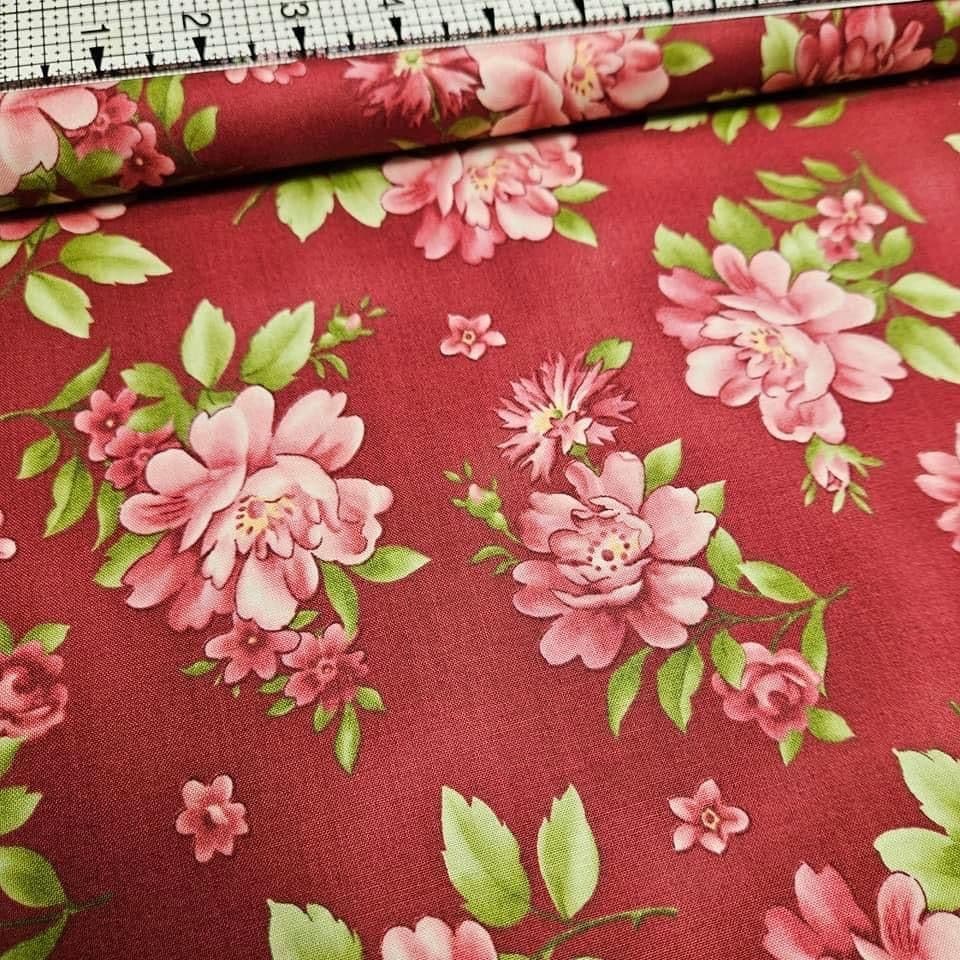 Maywood Studios - Graceful Moments Red Floral 100% Cotton Fabric - Crafts and Quilts
