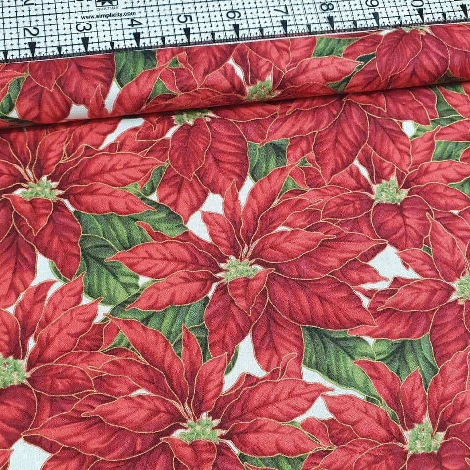 Maywood Studios - Winter Traditions Poinsettia Cream 100% Cotton Fabric