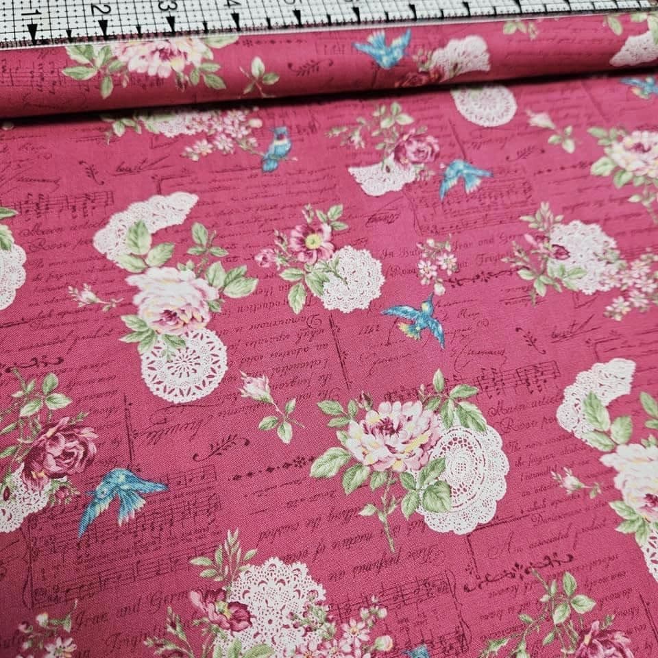 Quilt Gate - Ruru Bouquet Floral Script RU2200-14 100% Cotton Fabric