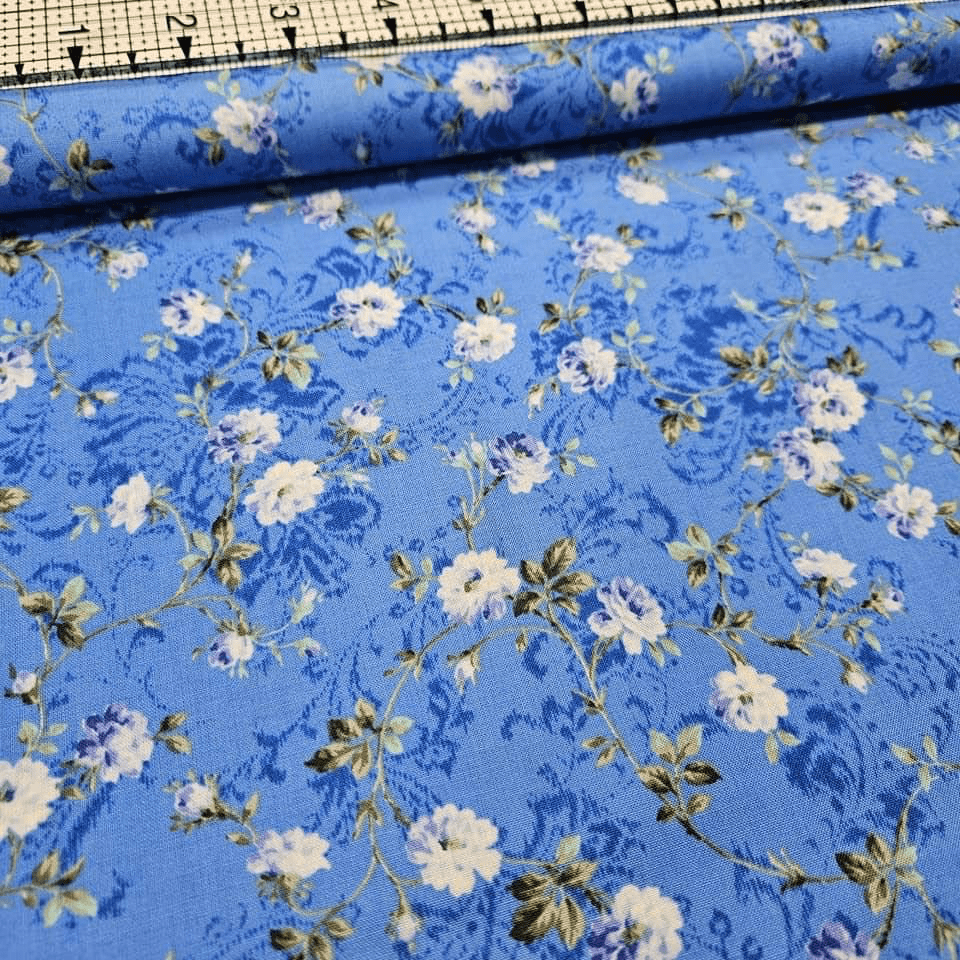 Quilt Gate - Ruru Bouquet Trailing Rose Blue RU2250-14 100% Cotton Fabric