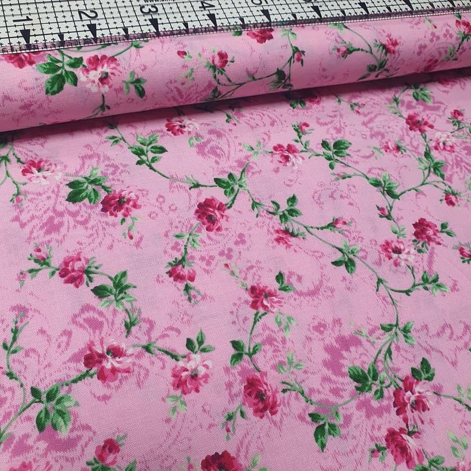 Quilt Gate - Ruru Bouquet Trailing Rose Pink RU2250 100% Cotton Fabric