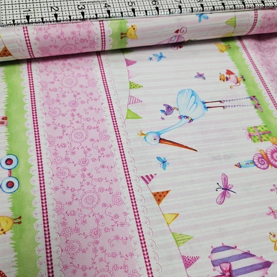 Red Rooster - A Bundle of Pink Baby Stalk Pram Border 100% Cotton Fabric - Crafts and Quilts