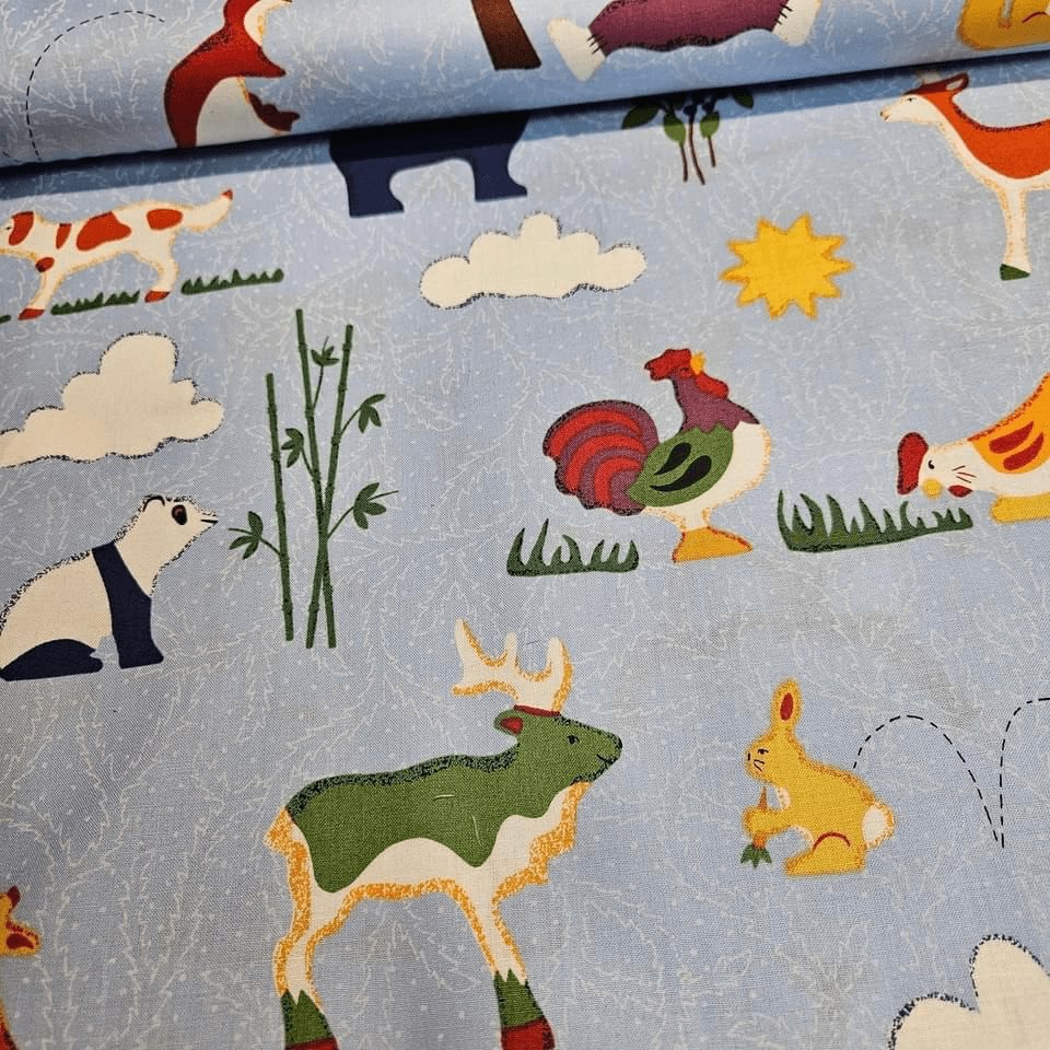 RJR Fabrics - Doodle Zoo Animals Blue 100% Cotton Fabric - Crafts and Quilts