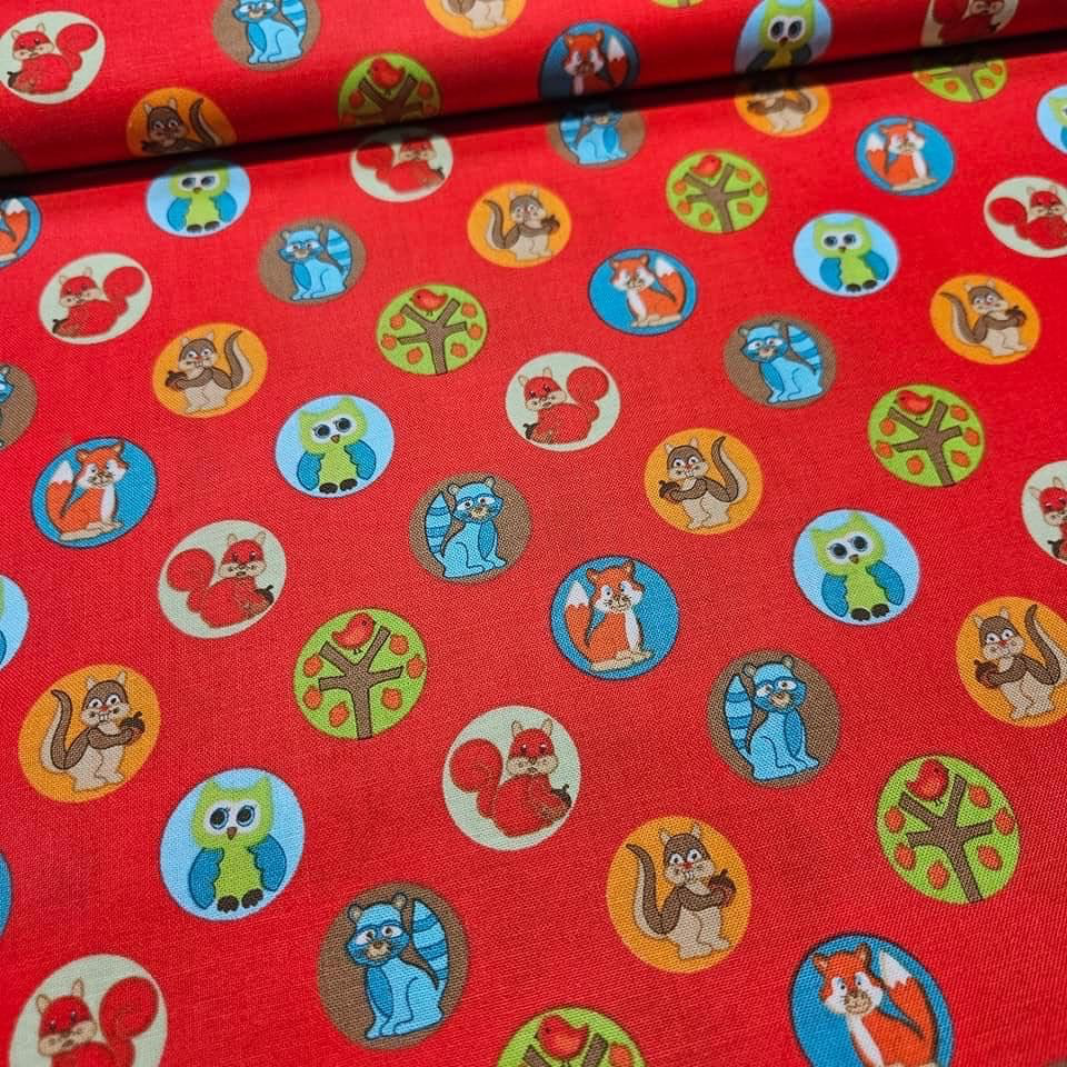 RJR Fabrics - Woodland Park Animal Circles Red 100% Cotton Fabric - Crafts and Quilts