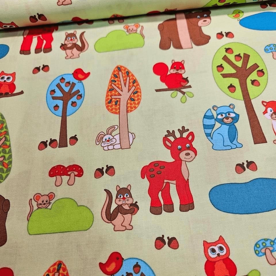 RJR Fabrics - Woodland Park Animal Friends Green 100% Cotton Fabric - Crafts and Quilts