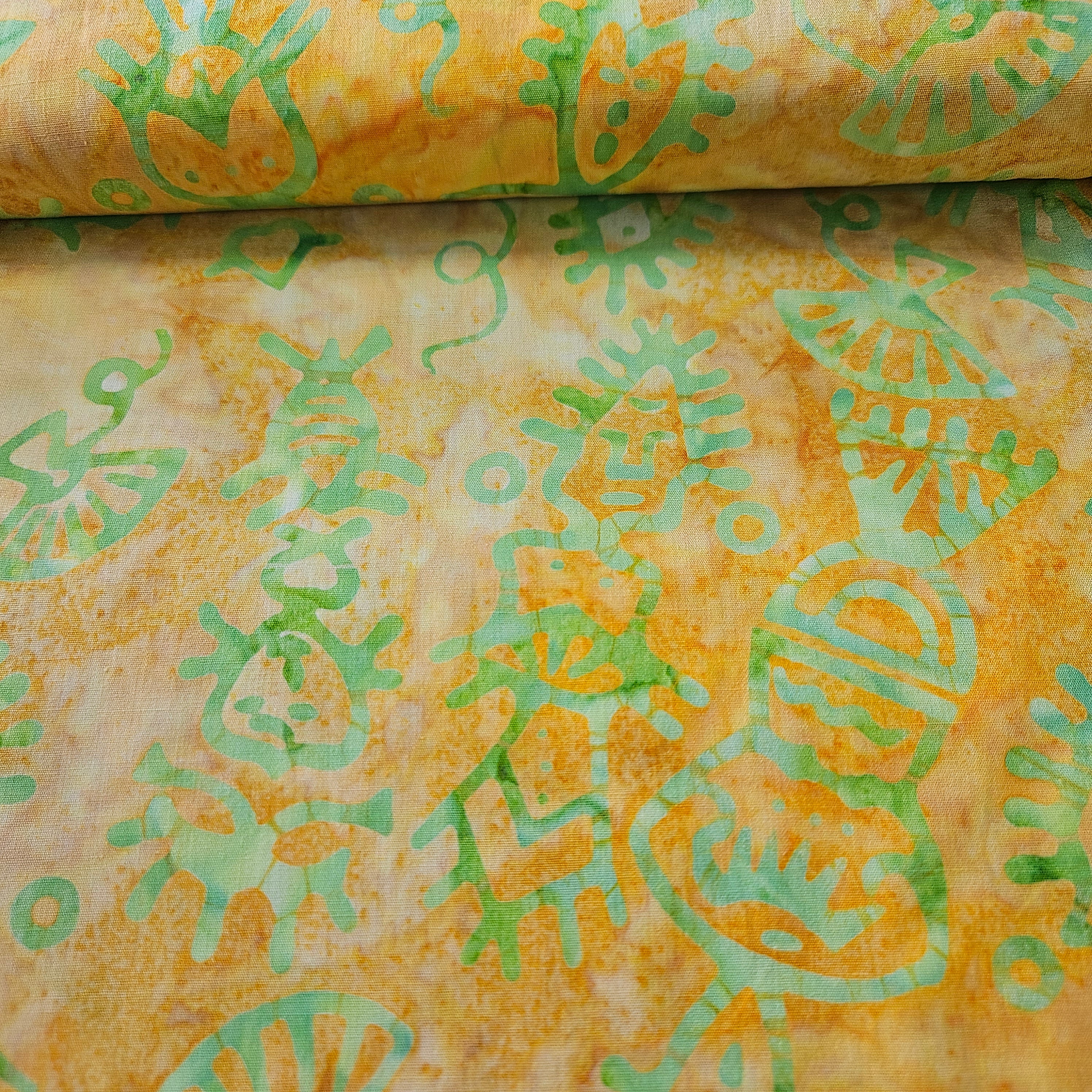 Indonesian Bali Batik - Yellow Green Aztec 100% Cotton Fabric - Crafts and Quilts