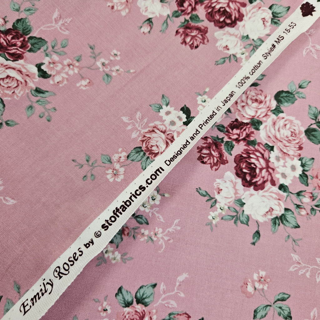 Stof - Emilys Roses Mauve Pink 100% Cotton Fabric - Crafts and Quilts
