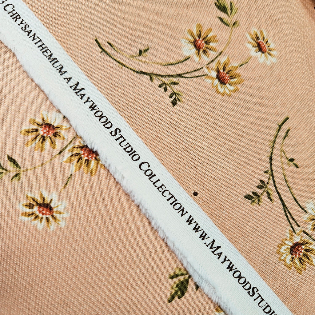 Maywood Studios - Chrysanthemum Apricot Flowers 100% Cotton Fabric - Crafts and Quilts