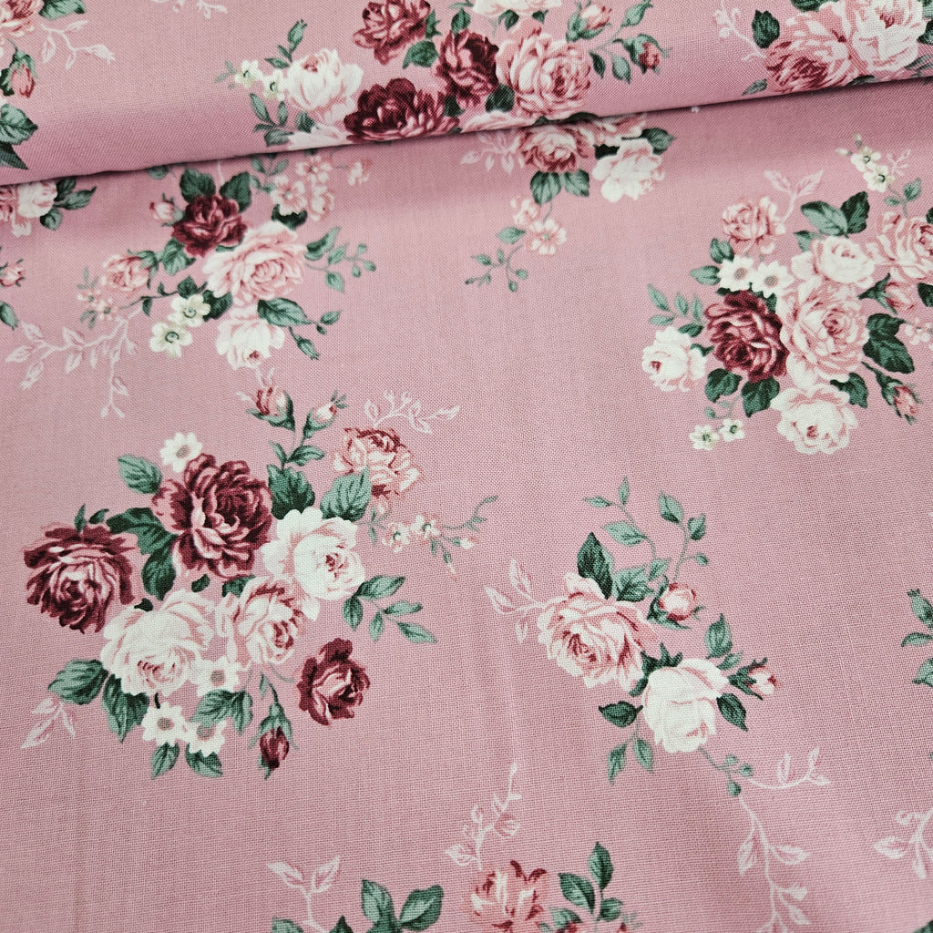 Stof - Emilys Roses Mauve Pink 100% Cotton Fabric - Crafts and Quilts