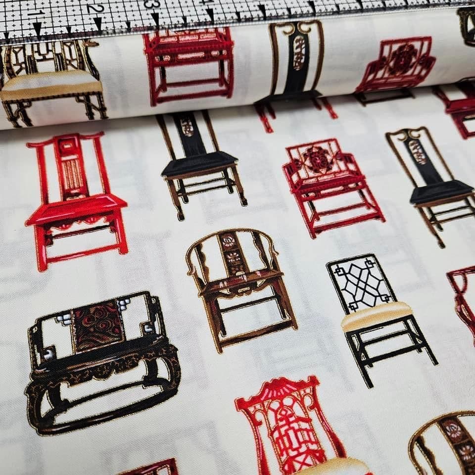 Robert Kaufman - Asian Traditions Oriental Chairs Metallic 100% Cotton Fabric - Crafts and Quilts