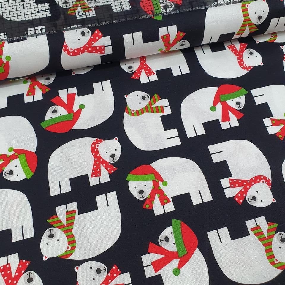 Robert Kaufman - Jingle Polar Bears on Black 100% Cotton Fabric - Crafts and Quilts