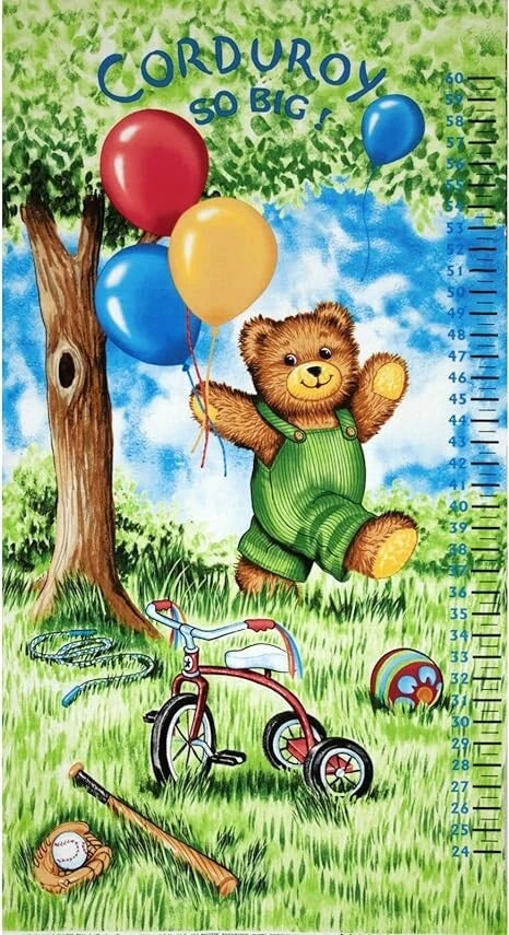 Timeless Treasures - Corduroy Bear Height Chart Quilt Fabric Panel
